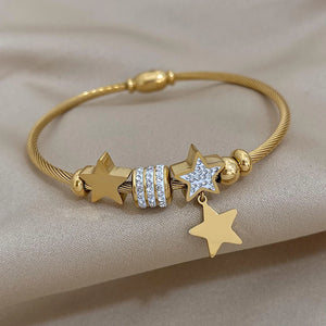 Star Pendant Charm Bracelet Stainless Steel Rhinestone Beads Chain Bangle