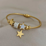 Star Pendant Charm Bracelet Stainless Steel Rhinestone Beads Chain Bangle