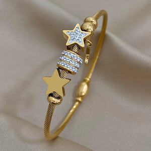 Star Pendant Charm Bracelet Stainless Steel Rhinestone Beads Chain Bangle