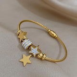 Star Pendant Charm Bracelet Stainless Steel Rhinestone Beads Chain Bangle
