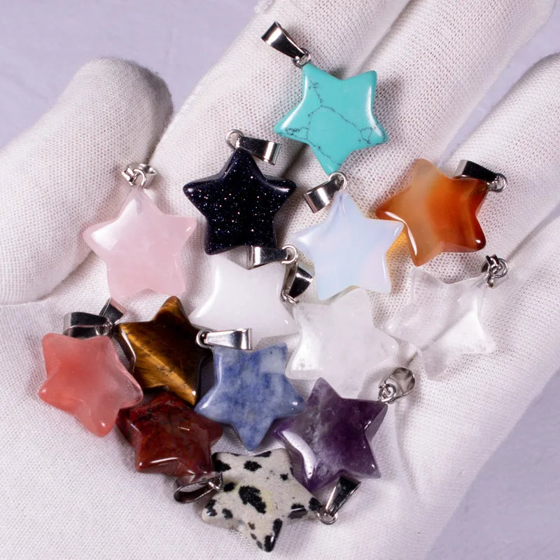 Star Shape Healing Crystal Stone Pendants Rose Tiger Eye Opal Drop Charms