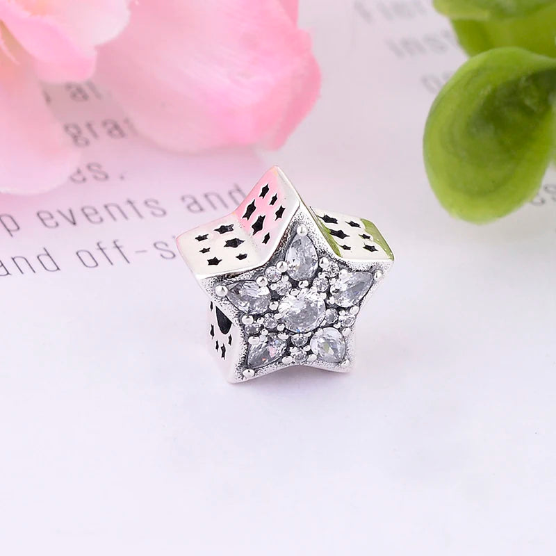 Star Mix Clear Zirconia Fit Pan Charm Bracelet 925 Sterling Silver