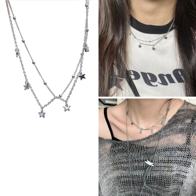 Star Beads Link Chain Necklace Double Layer Star Choker Y2K Neck Jewelry