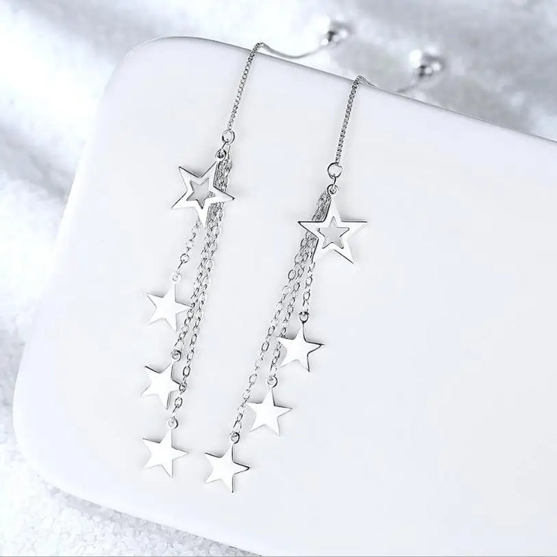 Star Tassel Earrings Chain 925 Sterling Silver Simulated Pearl Earrings