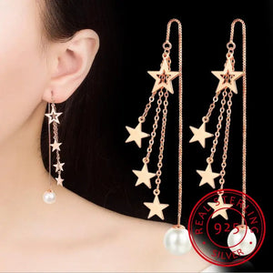 Star Tassel Earrings Chain 925 Sterling Silver Simulated Pearl Earrings