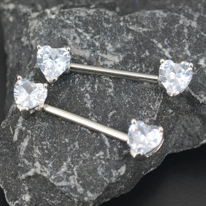 2Pcs Clear Heart Nipple Barbell Piercing Jewelry 14G 16mm Stainless Steel