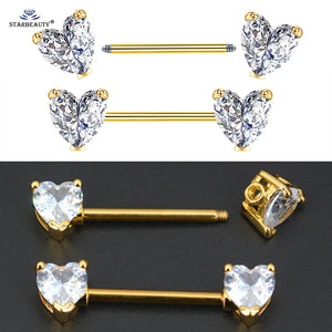 2Pcs Clear Heart Nipple Barbell Piercing Jewelry 14G 16mm Stainless Steel
