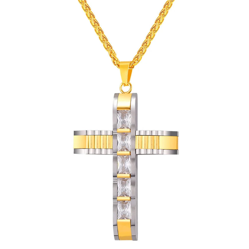 CZ Cross Pendant Necklace Stainless Steel/Gold GP2575