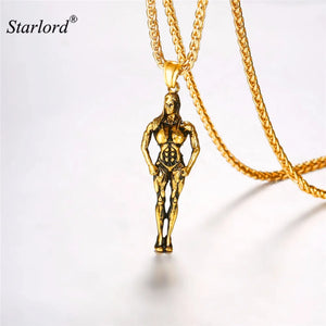 Muscle Women Pendant Necklace Stainless Steel Weight Lifter Fitness Charm