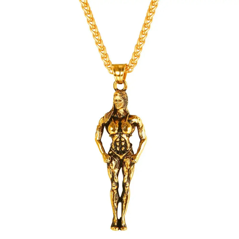 Muscle Women Pendant Necklace Stainless Steel Weight Lifter Fitness Charm