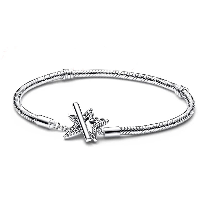 925 Sterling Silver T Bangle Bracelet European Charms