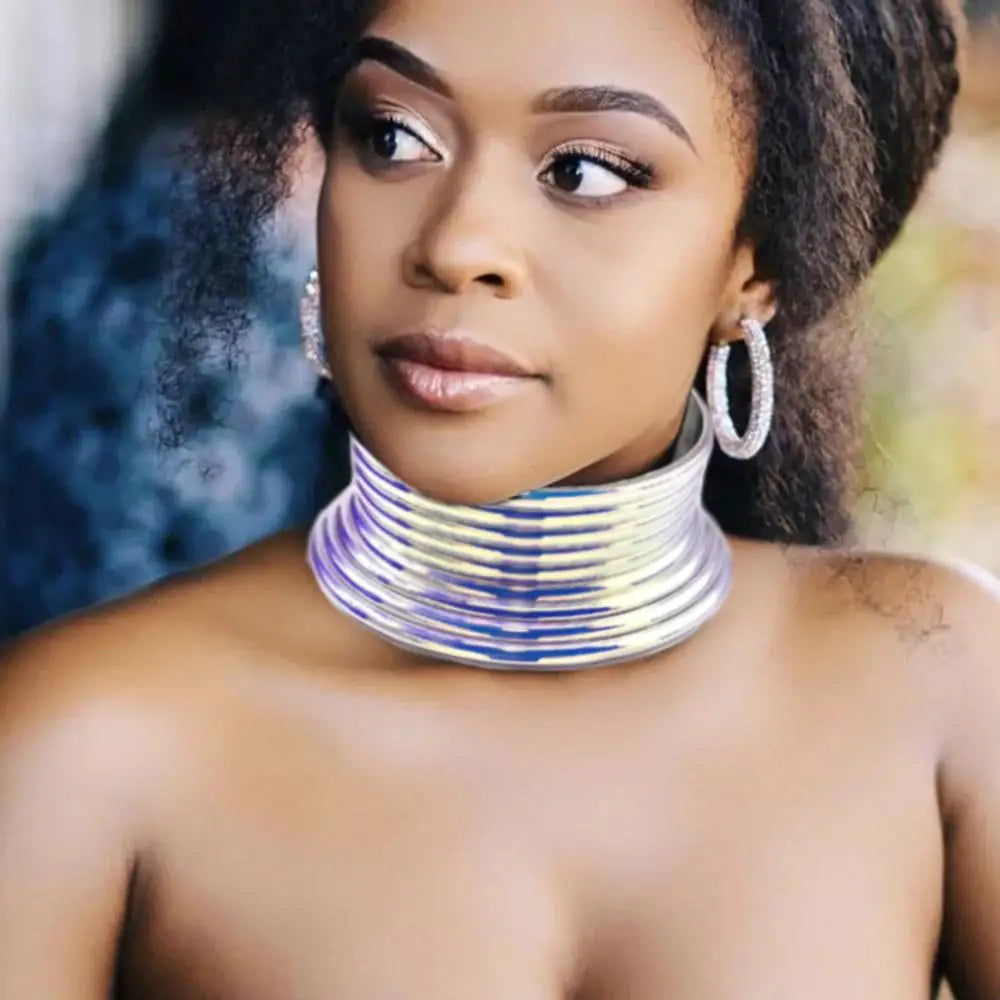 Statement Choker Necklace For Women - Silver Leather Collar Maxi Necklace