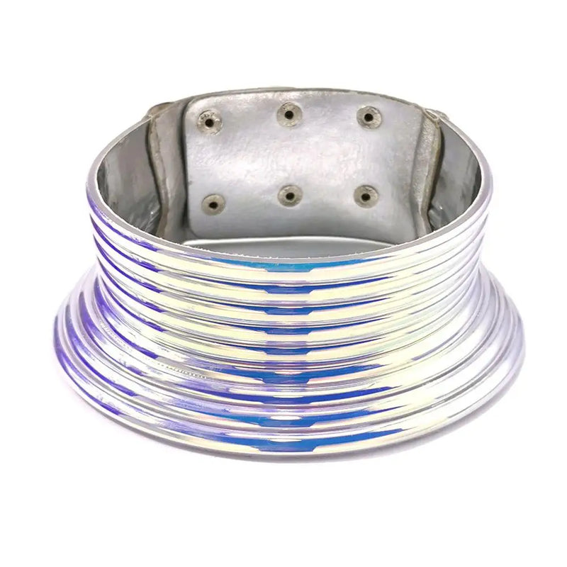 Statement Choker Necklace For Women - Silver Leather Collar Maxi Necklace