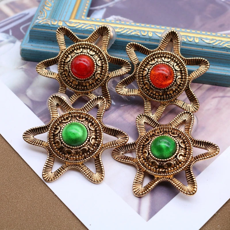 Red Green Star Clip Earrings Vintage Jewelry Retro Style