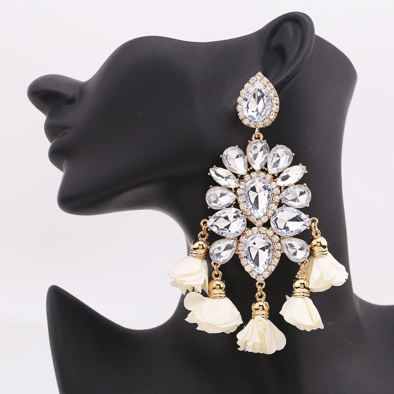 Statement Earrings Rhinestone Crystal Flower Tassel Earring Jewelry