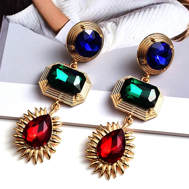 Colorful Crystal Long Drop Earrings Glass Rhinestone Jewelry