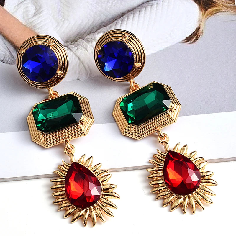 Colorful Crystal Long Drop Earrings Glass Rhinestone Jewelry