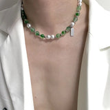 Pearl Agate Male Necklace Hip hop Men's Chain Bead Choker Stainless Steel