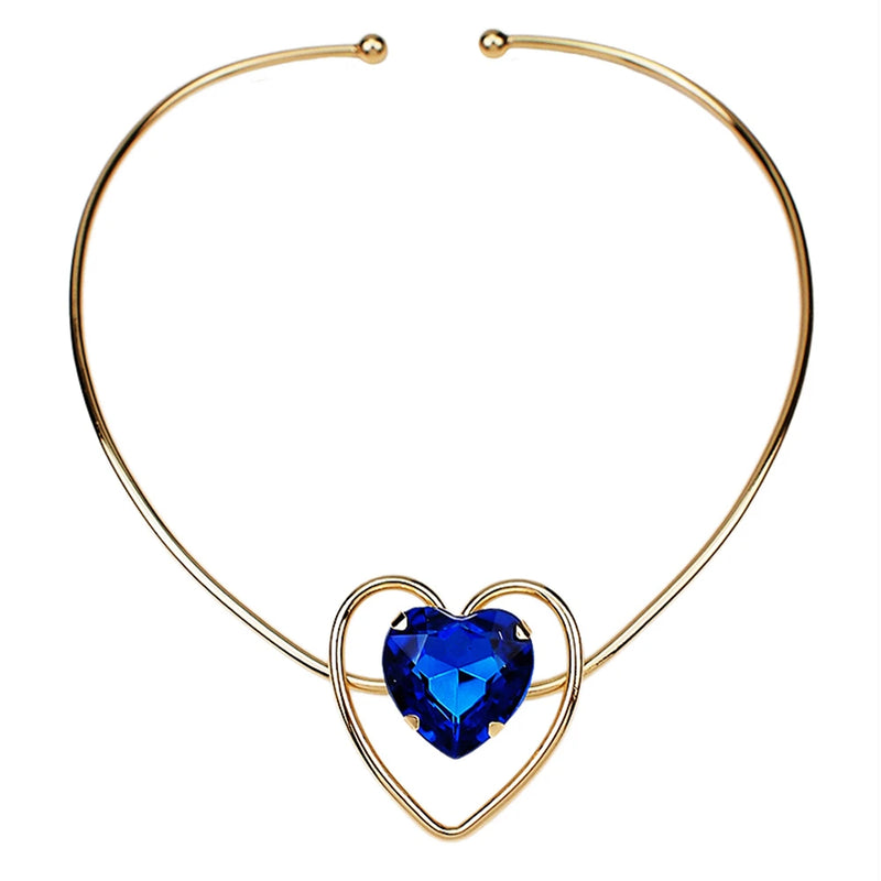 Romantic Heart Rhinestone Necklace Metal Torque Collar Jewelry