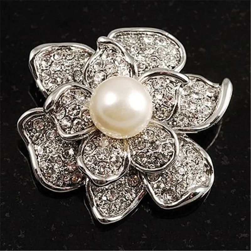 Silver Rose Flower Rhinestone Brooch with Pearl Wedding Jewelry