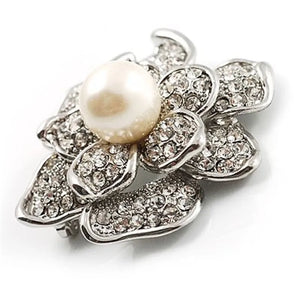 Silver Rose Flower Rhinestone Brooch with Pearl Wedding Jewelry