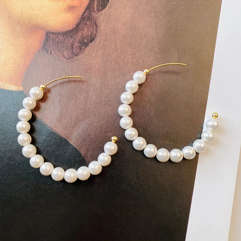 Shell Pearl Big Drop Earrings 925 Sterling Silver Hoop Earring