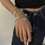 Female Multilayer OT Buckle Lock Bracelet Pearl Alloy Suit