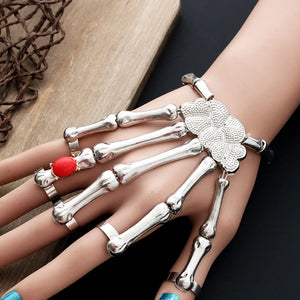 Steampunk Skeleton Hand Bracelet Femme Red Stone Skull Finger Bangles