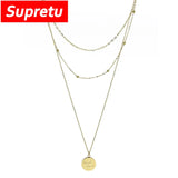 Steampunk Layered Coin Pendant Necklace Titanium Steel Plating 14K Choker