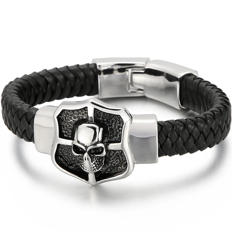 Steampunk Skull Head Bracelet Man Leather Stainless Steel Men's Wrist Bracelets
