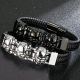 Steampunk Skull Pattern Man Bracelet Stainless Steel Leather Wrist Band 3 Colors