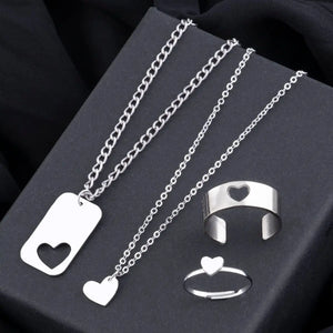Steel Heart Figured Couple Necklace And Ring Set