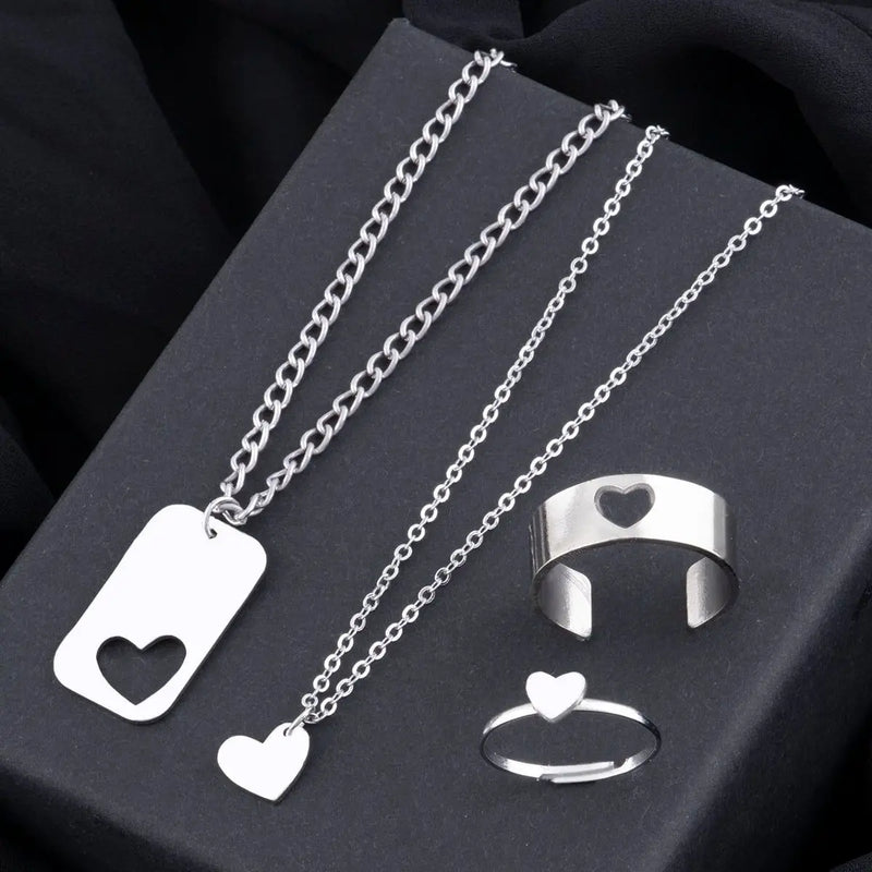 Steel Heart Figured Couple Necklace And Ring Set