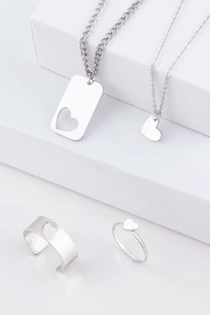 Steel Heart Figured Couple Necklace And Ring Set