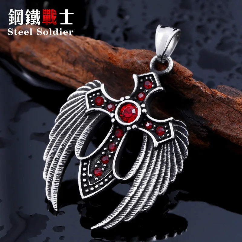Steel Soldier Stainless Steel Wing Cross Stone Pendant Vintage Jewelry