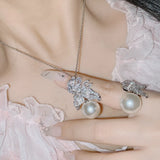 925 Silver Zircon CZ Pearl Jewelry Set Vintage Engagement