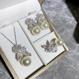 925 Silver Zircon CZ Pearl Jewelry Set Vintage Engagement