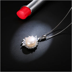 925 Silver Pearl Flower Pendant Necklace Zircon Choker Vintage Jewelry