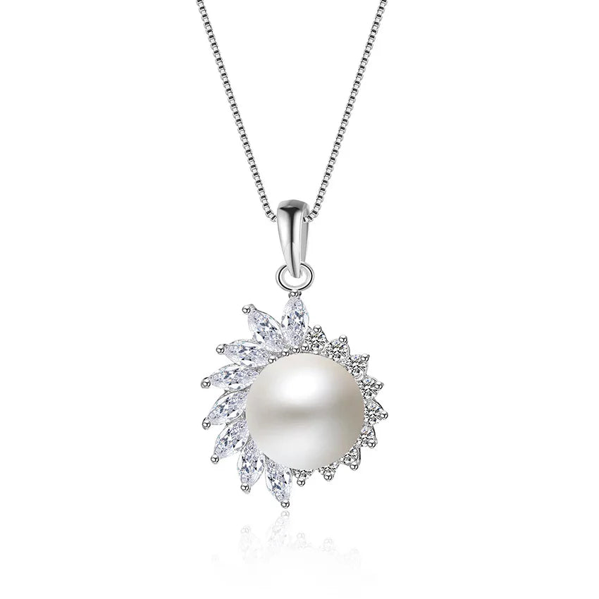 925 Silver Pearl Flower Pendant Necklace Zircon Choker Vintage Jewelry