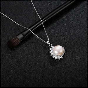 925 Silver Pearl Flower Pendant Necklace Zircon Choker Vintage Jewelry