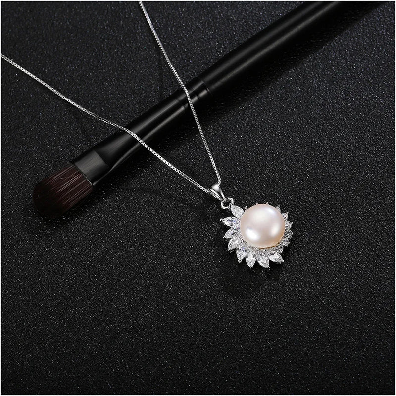 925 Silver Pearl Flower Pendant Necklace Zircon Choker Vintage Jewelry