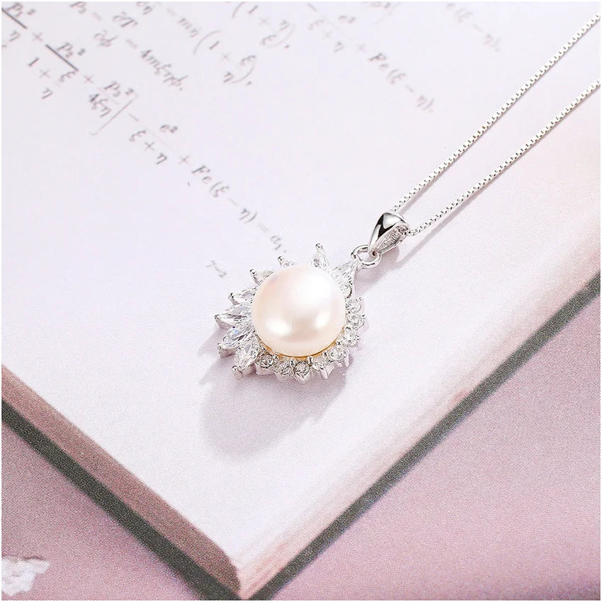 925 Silver Pearl Flower Pendant Necklace Zircon Choker Vintage Jewelry