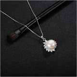 925 Silver Pearl Flower Pendant Necklace Zircon Choker Vintage Jewelry