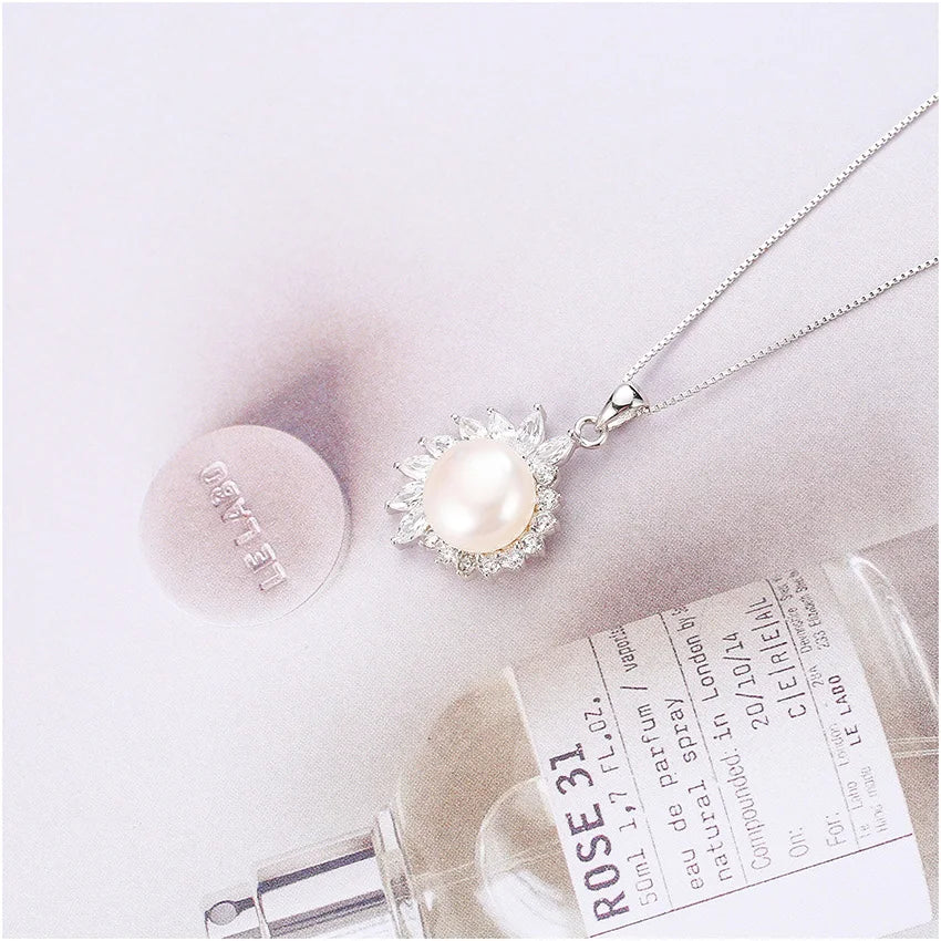 925 Silver Pearl Flower Pendant Necklace Zircon Choker Vintage Jewelry