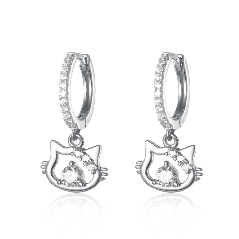 Sterling Silver Cat Hoop Earrings 18k Plated CZ Ear Rings Fine Jewelry