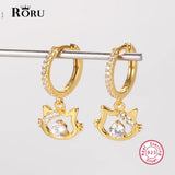 Sterling Silver Cat Hoop Earrings 18k Plated CZ Ear Rings Fine Jewelry