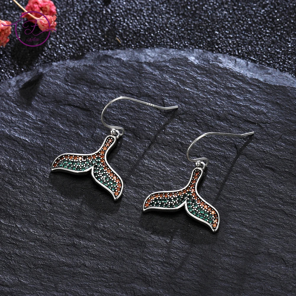 925 Silver Drop Earrings Fish Tail Zircon Inlay Gift for Women Party