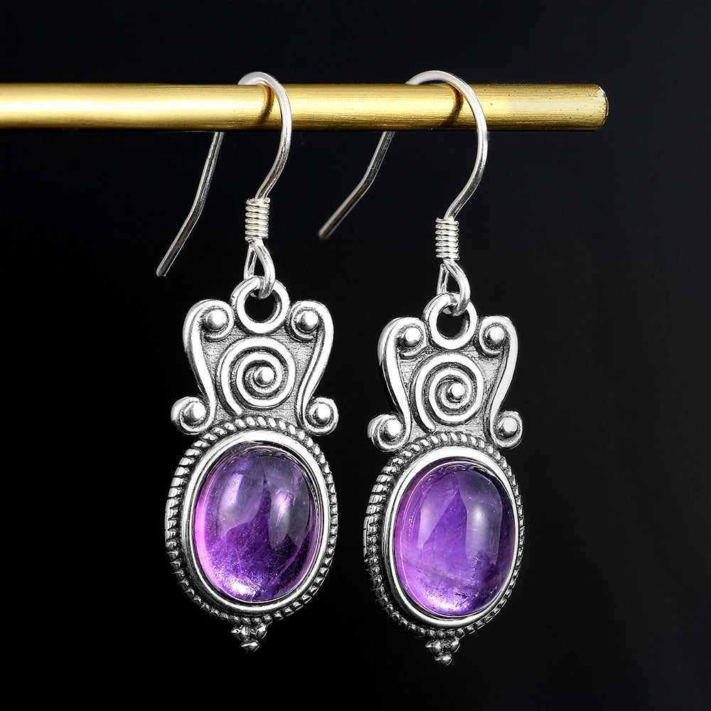 925 Silver Amethyst Drop Earrings Vintage Ear Jewelry Gift