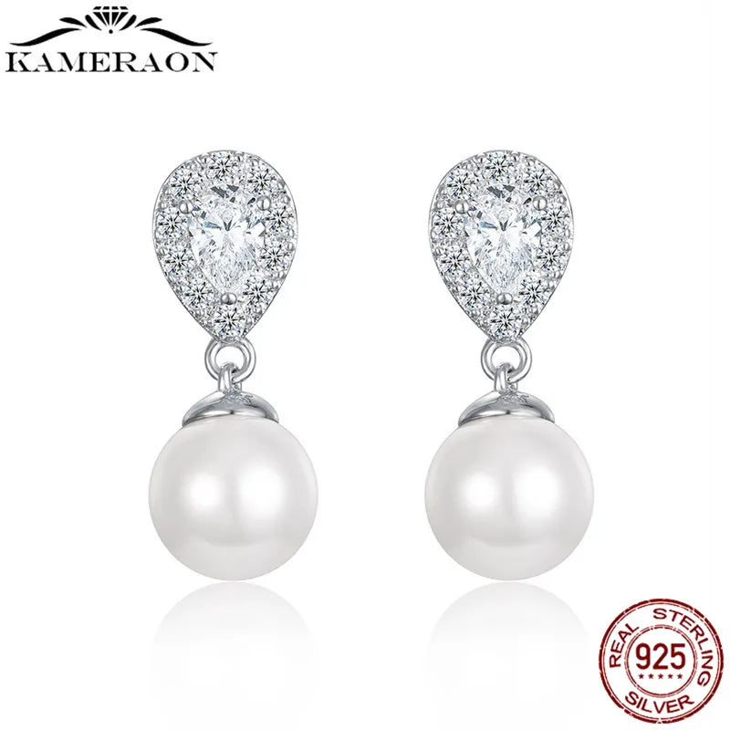 Silver Drop Earrings Shell Simulated-pearl Round Gems Brincos Wedding Gift
