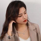 925 Silver Pearl Necklace & Double-layer Pendant Boho Jewelry